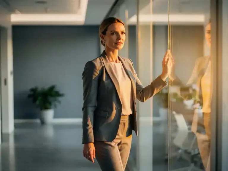 Professional woman in tailored blazer pausing in a modern Amsterdam office corridor, hand on glass wall, calm and resolute expression.