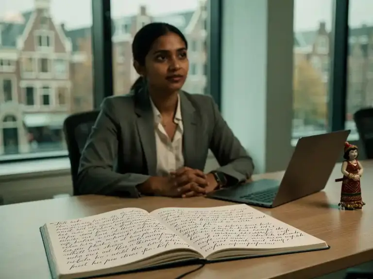 Professional woman pausing reflectively at an Amsterdam office desk with two open notebooks and a cultural keepsake beside a laptop.