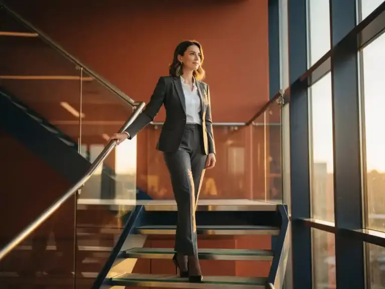 Professional woman pausing on a modern Amsterdam office staircase, hand on glass railing, bathed in warm morning light.