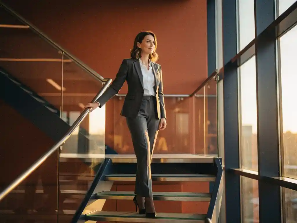 Professional woman pausing on a modern Amsterdam office staircase, hand on glass railing, bathed in warm morning light.