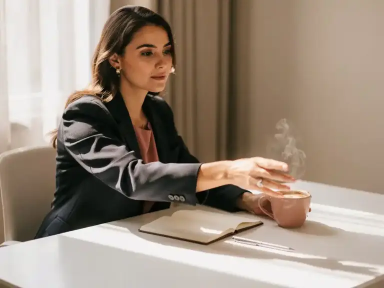 Professional woman reaching for a steaming coffee cup at a white desk with an open notebook, bathed in warm natural window light.