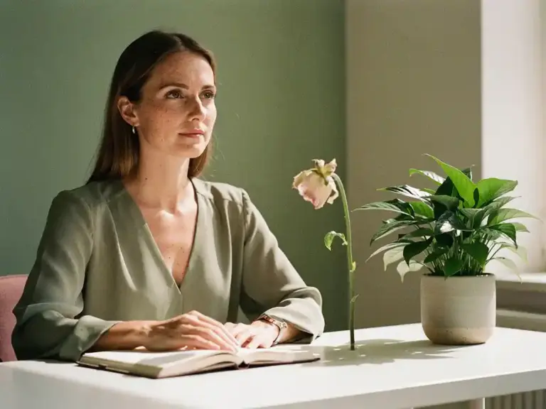 Professional woman writing in notebook at white desk, wilting flower beside thriving potted plant, soft natural window light, warm ivory tones.
