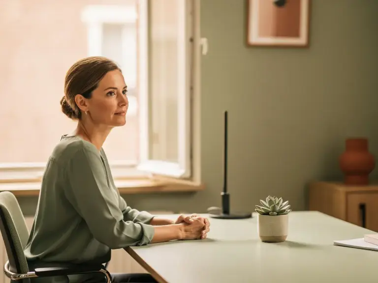 Professional woman seated at a modern desk near a sunlit window, hands folded, calm expression, succulent plant beside her in a contemporary office.