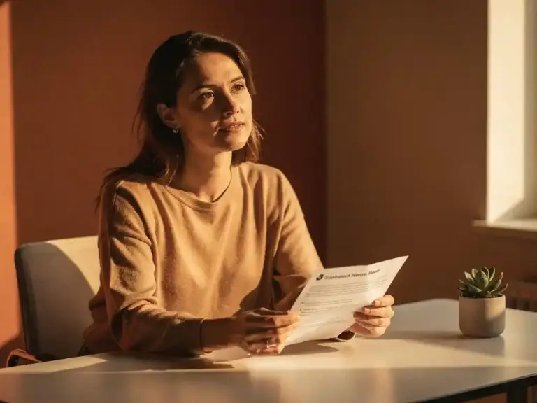 Professional woman at a modern desk reviewing printed feedback, calm and reflective expression, warm terracotta workspace with golden afternoon light.