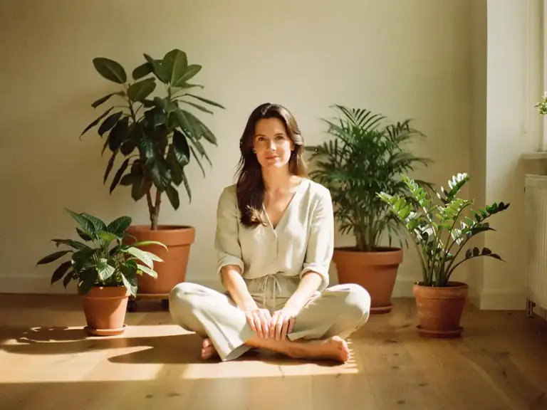 Professional woman sitting cross-legged on sunlit oak floor surrounded by four thriving potted plants in a warm minimalist Dutch interior.