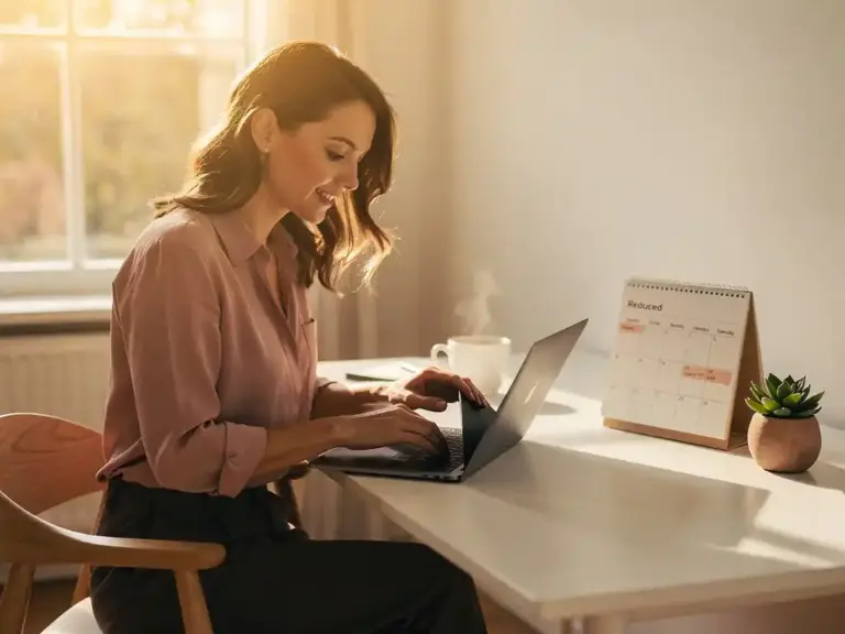 Professional woman closing a laptop at a Scandinavian-style desk with a calendar, coffee, and succulent in warm afternoon light.