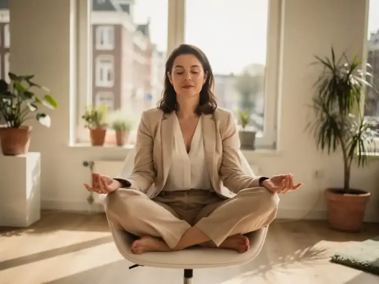Professional woman meditating cross-legged on white office chair in a sunlit Amsterdam workspace with warm ivory and sage green tones.