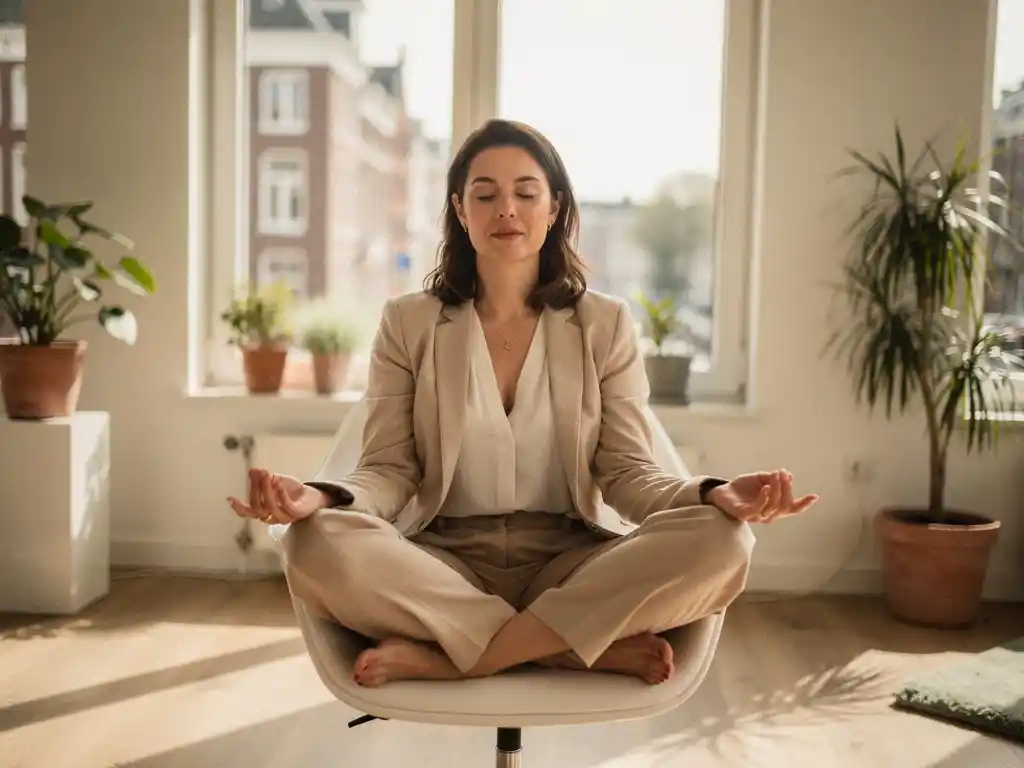 Professional woman meditating cross-legged on white office chair in a sunlit Amsterdam workspace with warm ivory and sage green tones.