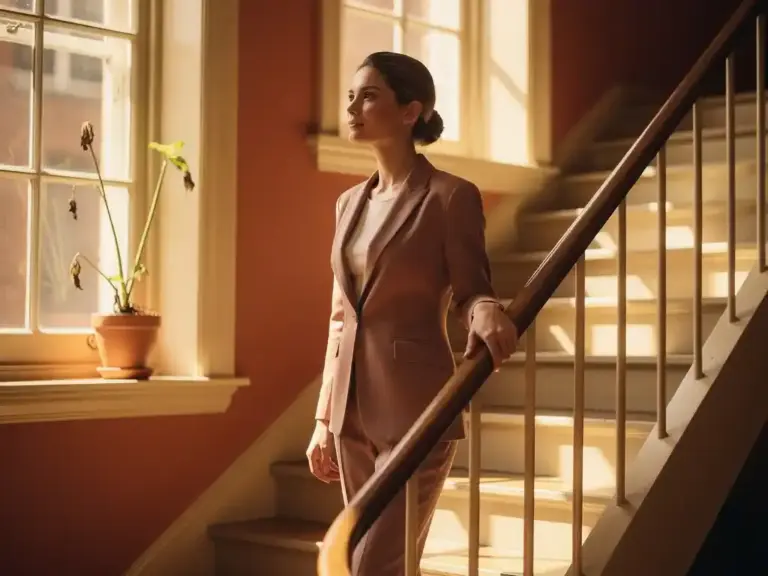 Professional woman in a tailored blazer standing at a sunlit staircase, chin lifted with quiet resolve, golden morning light streaming through tall windows.
