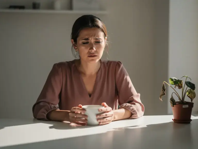 Professional woman at minimalist white desk, hands wrapped around untouched tea, tense posture and wilting plant hinting at stress or burnout.