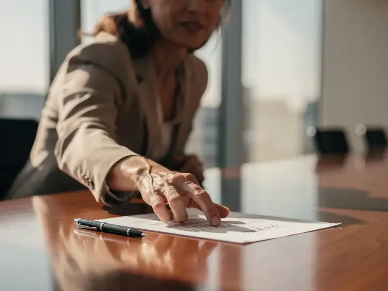 Professional woman reaching toward an unsigned contract and pen on a polished meeting room table, bathed in warm afternoon light.