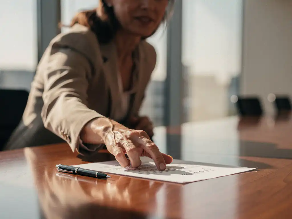 Professional woman reaching toward an unsigned contract and pen on a polished meeting room table, bathed in warm afternoon light.
