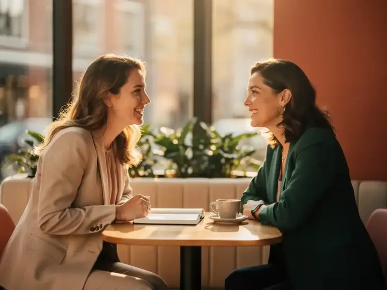 Two professional women in engaged conversation at a sunlit Tilburg café table, notebook and coffee between them, warm afternoon light.