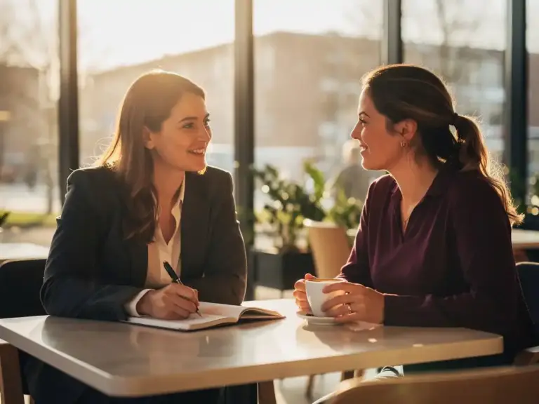 Two women sharing notes over coffee in a sunlit Eindhoven café, warm afternoon light highlighting a mentorship conversation.