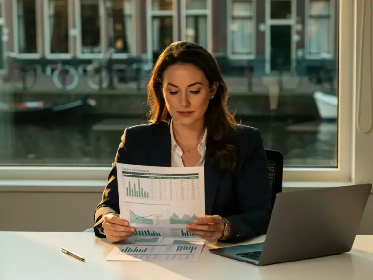 Professional woman reviewing salary comparison document at modern desk with Amsterdam canal view through window behind her.