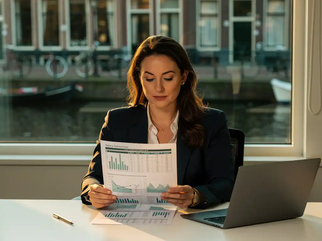 Professional woman reviewing salary comparison document at modern desk with Amsterdam canal view through window behind her.