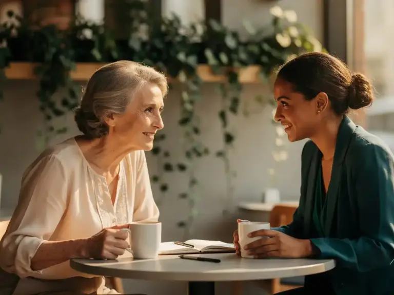 Senior woman mentor and younger professional sharing a warm coffee conversation at a sunlit café, notebook between them.