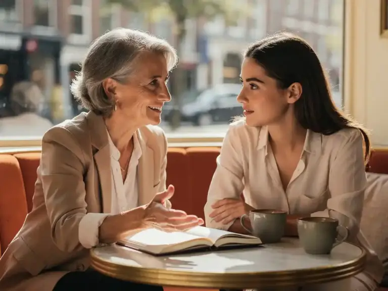 Senior woman mentor gesturing over an open notebook while guiding a younger professional at a sunlit Amsterdam café table.