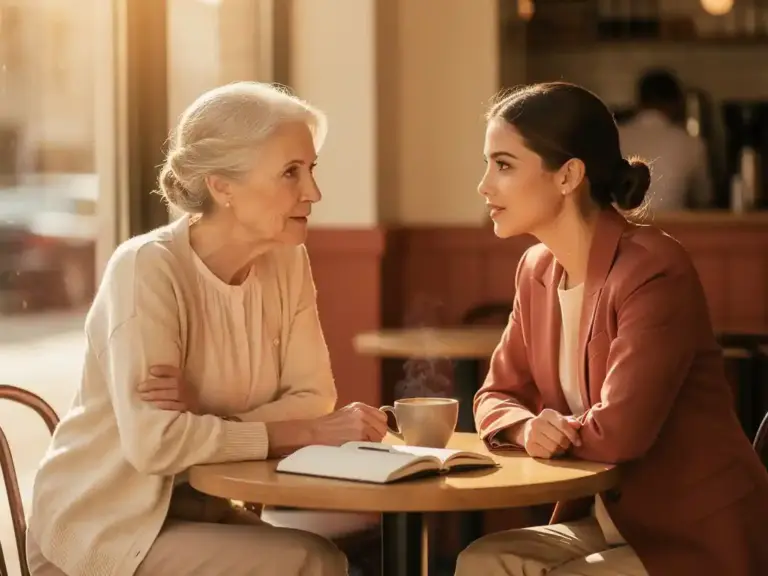 Senior woman mentor and younger colleague in focused conversation at a sunlit café table with notebook and coffee.