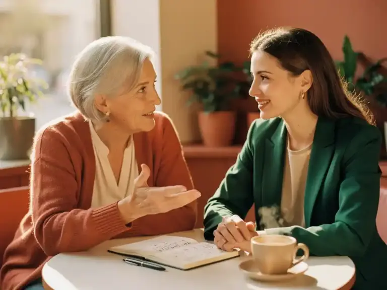 Senior woman mentor gesturing warmly to a younger professional at a sunlit café table with an open notebook and coffee cup between them.