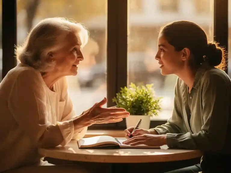Senior woman mentor gesturing warmly to younger mentee at sunlit café table, open notebook between them, thriving plant nearby.
