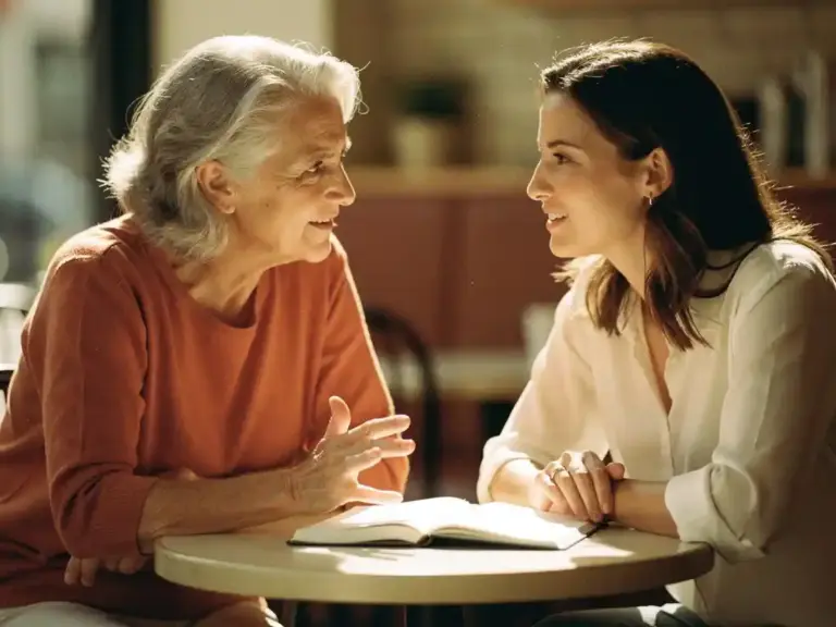 Senior woman mentor gesturing over an open notebook with a younger professional at a sunlit café, warm golden light, genuine eye contact.