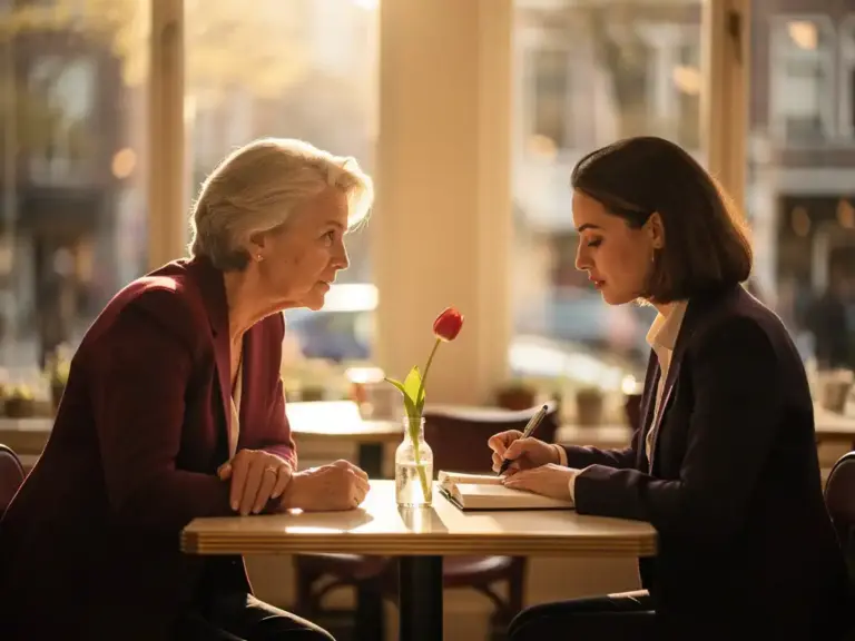 Senior woman in a tailored blazer leaning attentively toward a younger professional taking notes, warm café setting with soft gold afternoon light.