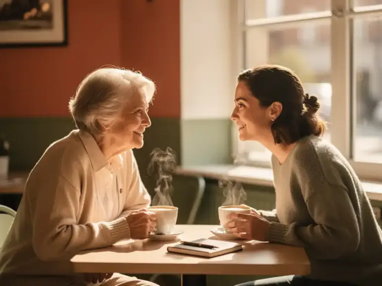 Senior mentor and younger woman sharing coffee conversation at sunlit café table, notebook nearby, warm afternoon light.