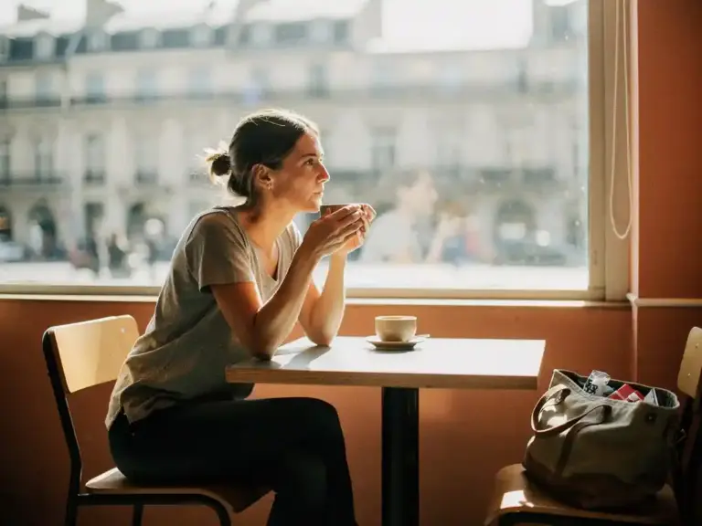 Woman sitting alone at a sunlit café abroad, hands wrapped around coffee cup, gazing at an unfamiliar cityscape through a large window.