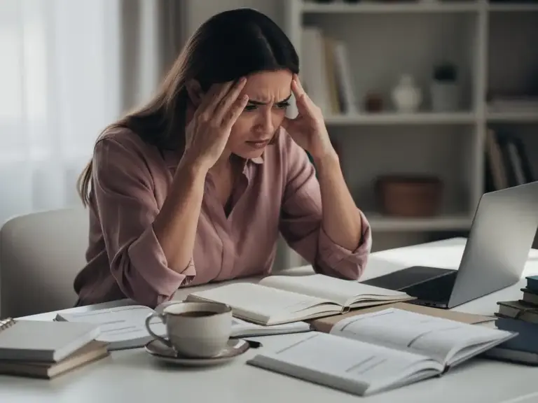 Professional woman at a cluttered white desk holding her temples, surrounded by notebooks and an untouched coffee cup, showing signs of work-related stress.