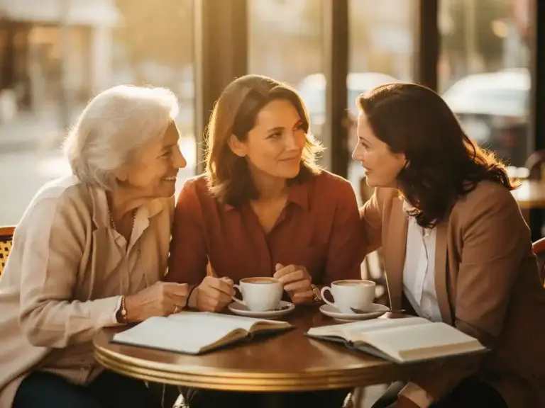 Three generations of women sharing a warm conversation at a sunlit café, coffee cups and open notebooks on the table.