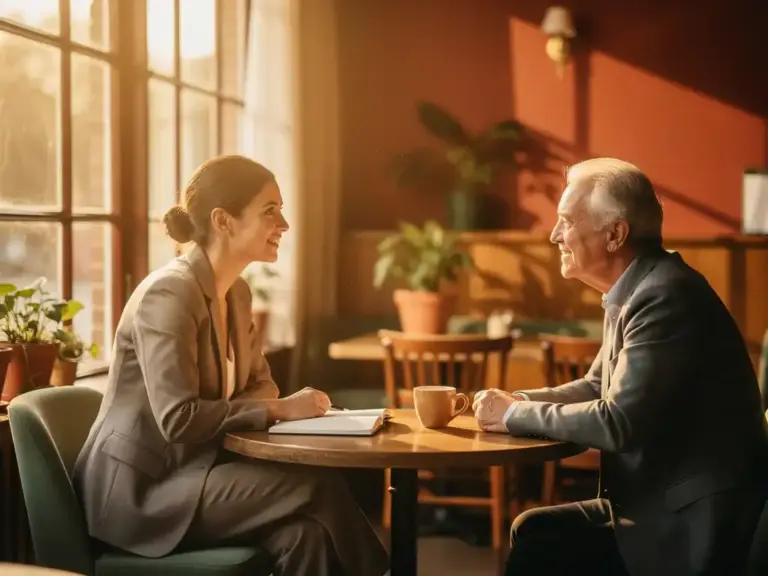 Woman in professional attire leaning forward in engaged conversation with a mentor at a sunlit Dutch café table, notebook and coffee between them.