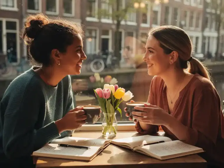 Two women from different cultural backgrounds sharing a warm coffee conversation at a sunlit Groningen café, tulips and notebooks on the table.