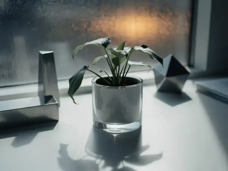 Wilting potted plant in a glass office container surrounded by geometric desk objects under dim amber light.