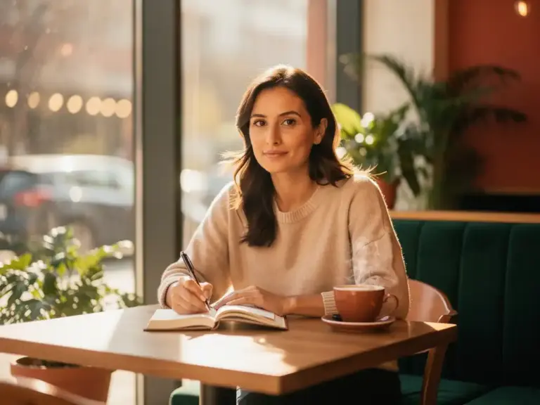 Confident woman pausing thoughtfully over an open notebook in a sunlit modern café, warm coffee beside her, golden morning light through large windows.