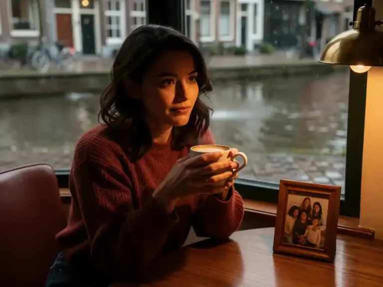 Professional woman cradling a steaming mug at a cozy Amsterdam café table, rainy canal street visible through the window, small family photo nearby.