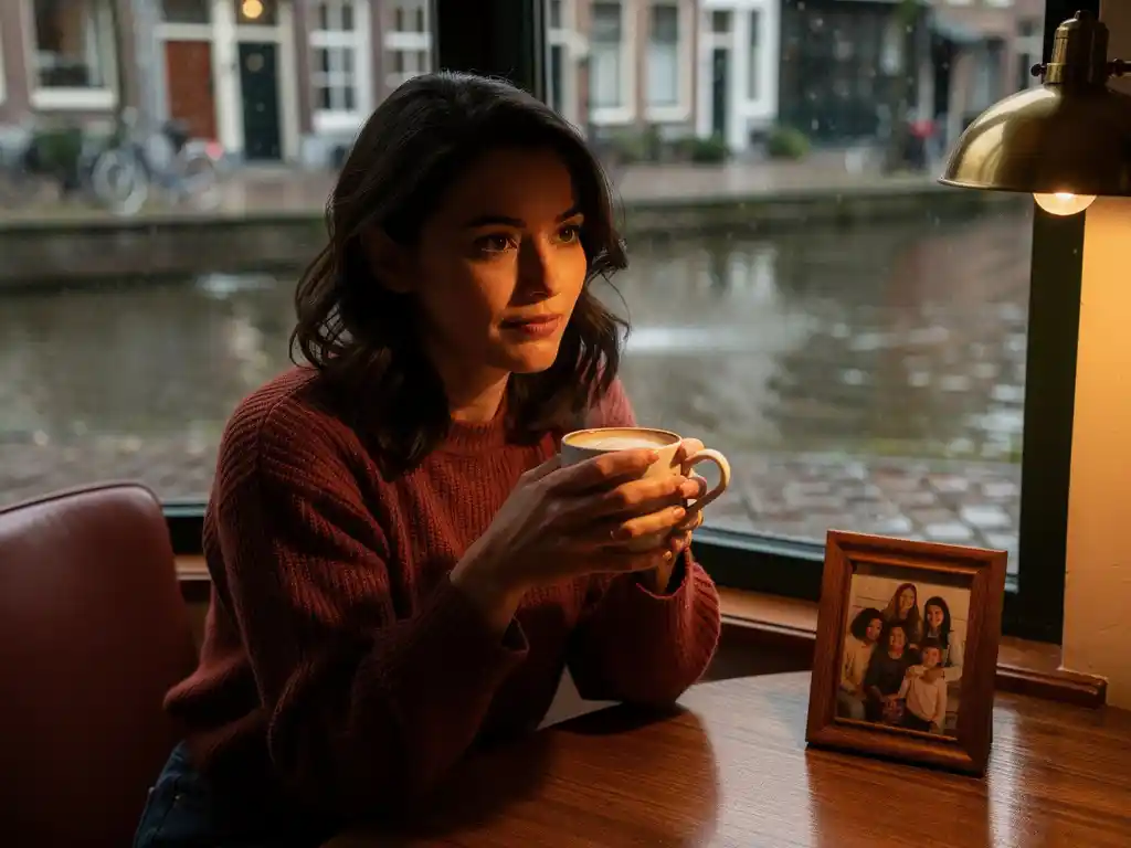 Professional woman cradling a steaming mug at a cozy Amsterdam café table, rainy canal street visible through the window, small family photo nearby.