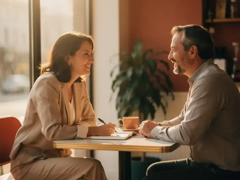 Woman in her 40s having an engaged mentoring conversation at a sunlit café table with an open notebook and coffee cup nearby.