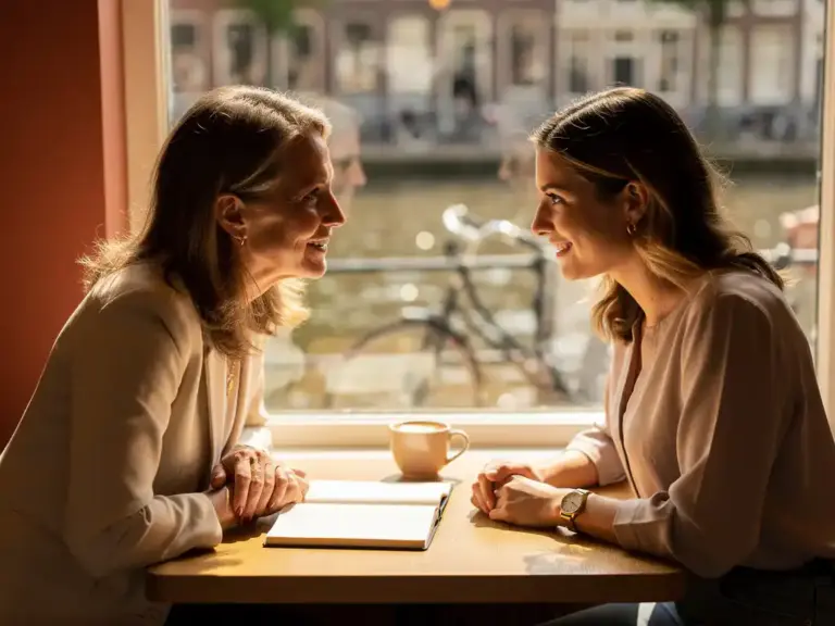 Experienced woman mentor leaning toward a young female entrepreneur over coffee and an open notebook in a sunlit Amsterdam café.