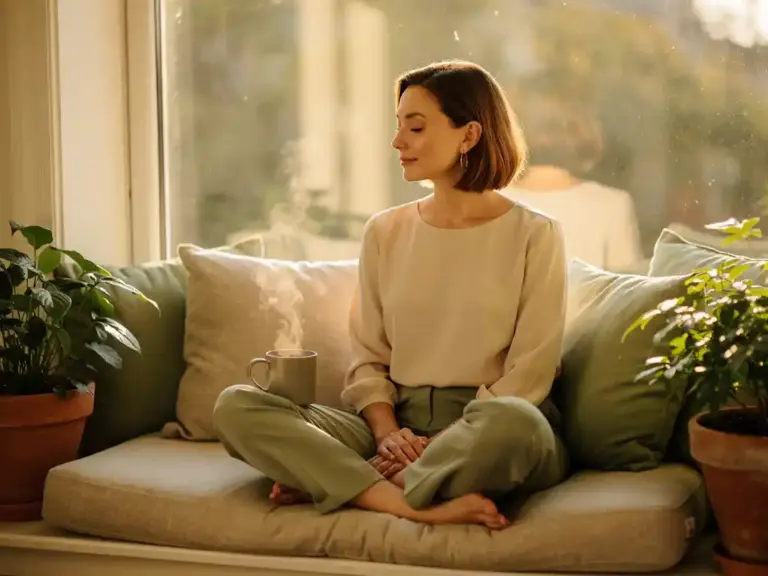 Professional woman meditating on a sunlit window bench, eyes closed, steaming mug nearby, surrounded by indoor plants in warm morning light.
