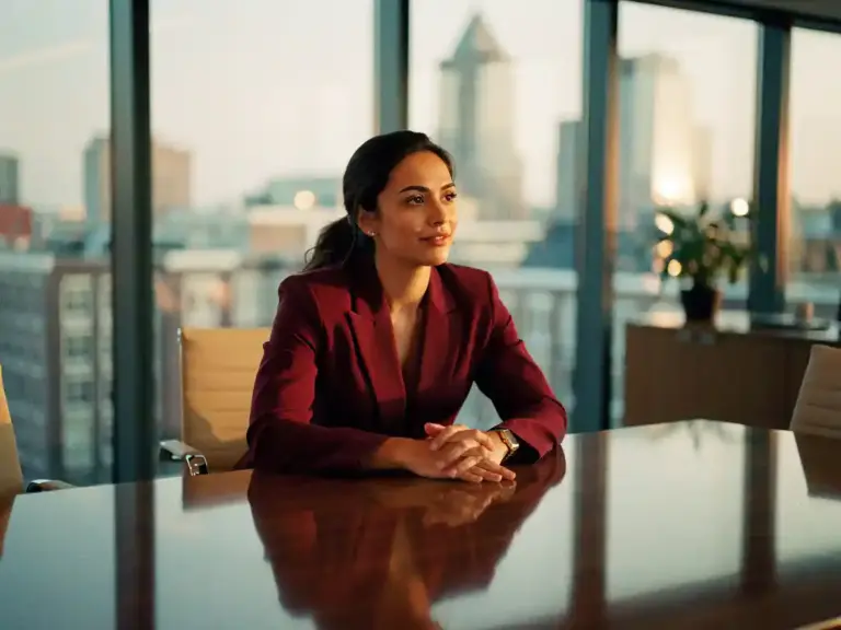Confident woman in a blazer negotiating at a polished boardroom table in a modern Amsterdam office with warm afternoon light.