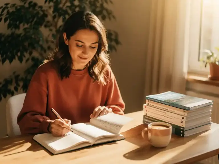 Woman reviewing course brochures at a sunlit wooden desk with a notebook and coffee, framed by indoor plants in warm morning light.
