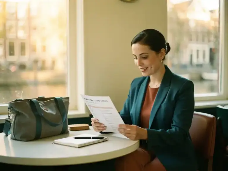 Professional woman reviewing a workshop schedule at an Amsterdam café, notebook and tote bag on the table, warm canal light through the windows.