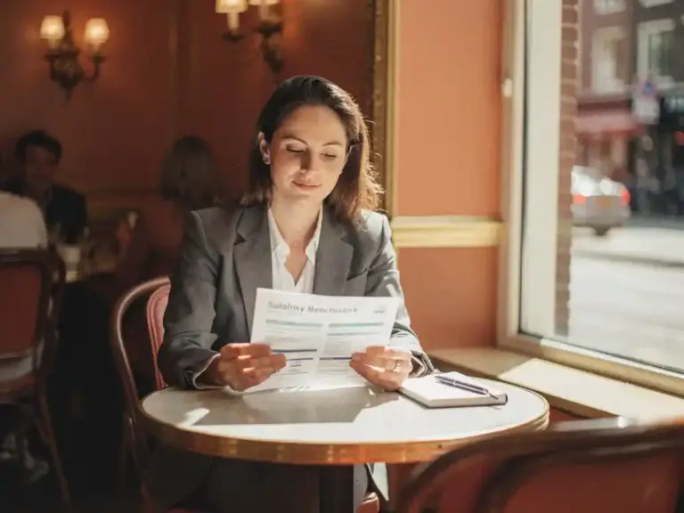 Woman in professional attire reviewing a salary benchmark report at a sunlit Amsterdam café, notebook and pen nearby.