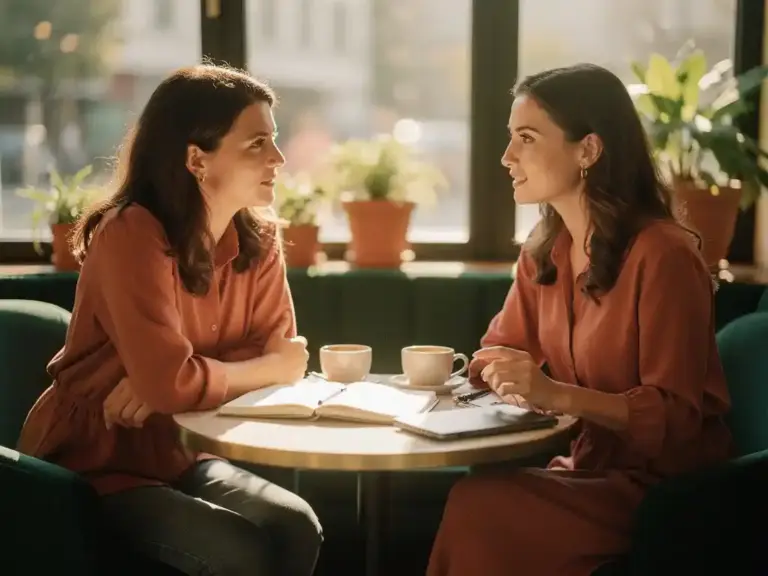 Two women in conversation at a sunlit café table, one gesturing confidently, with a shared notebook and coffee cups between them.