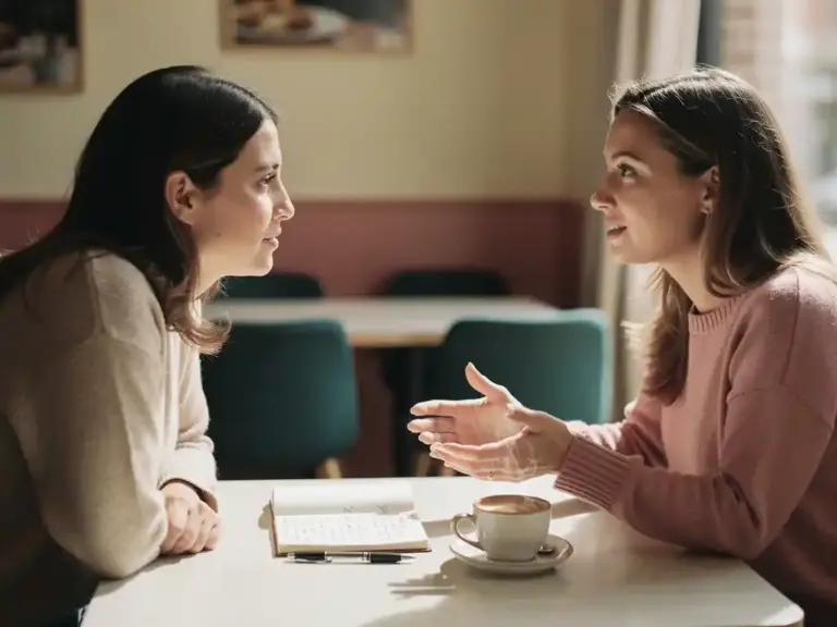 Two women having an intimate conversation at a sunlit café table with an open notebook and coffee cup between them.