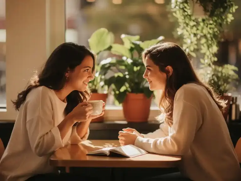 Two women having an engaged conversation over coffee at a sunlit café table, with an open notebook between them and lush green plants in the background.