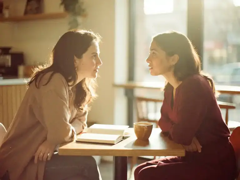 Two women in deep conversation at a sunlit café table, open notebook and coffee cup between them, warm golden afternoon light.