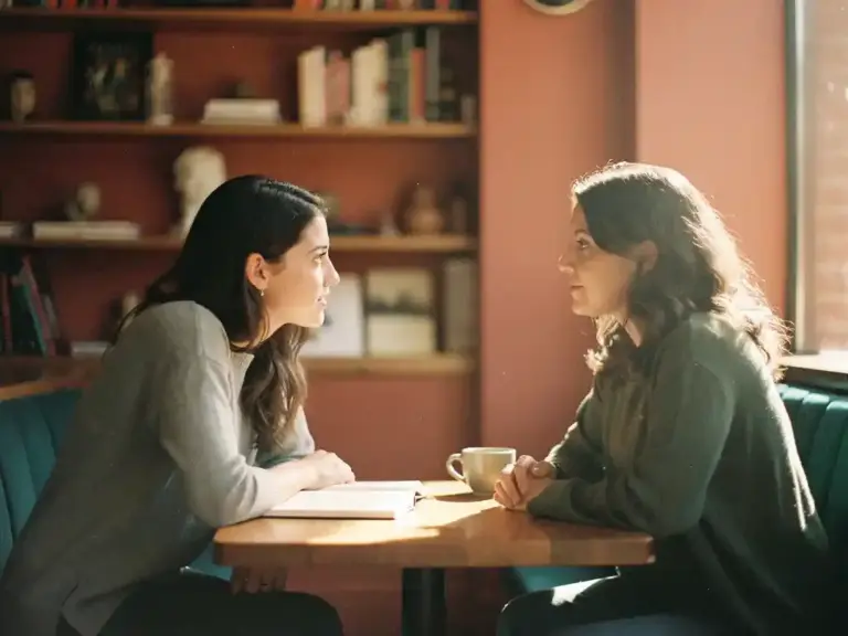 Two women having an in-depth conversation at a sunlit café table, one leaning forward with an open notebook and coffee cup nearby.