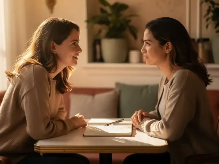 Two women in deep conversation at a sunlit café table, notebook open between them, golden afternoon light creating a warm, trusting atmosphere.